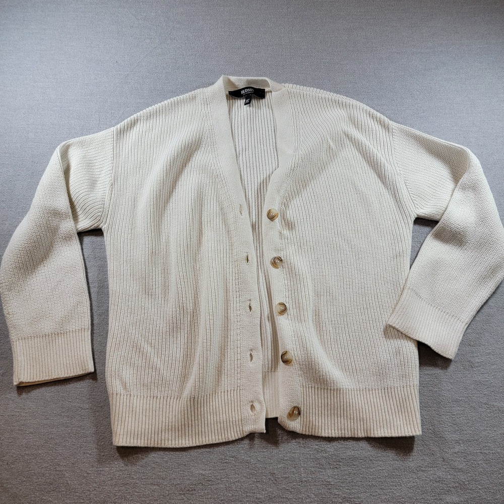 Hudson Cardigan Sweater Women Medium Cream Excellent Ribbed Knit V-Neck Button